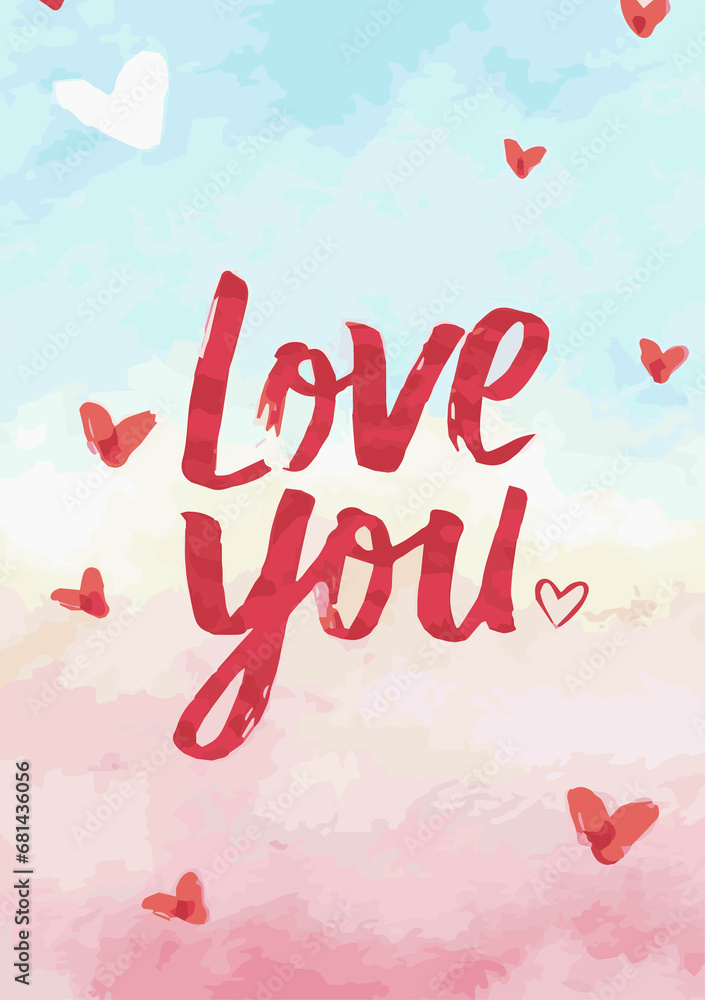 Illustration red text love you, heart frame on pastel color background, watercolor style