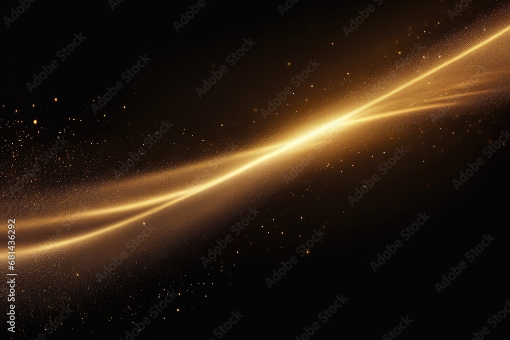 golden particles and light rays with bokeh effect on black background