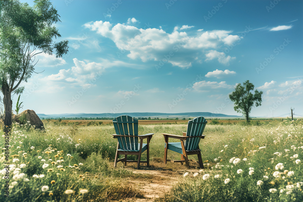 Two chairs in a field with flowers on foreground and  a house in the background.