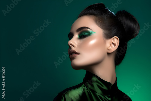 Fashion editorial Concept. Closeup portrait of stunning pretty woman with chiseled features, green glitter makeup. illuminated with dynamic composition and dramatic lighting. copy text space	
