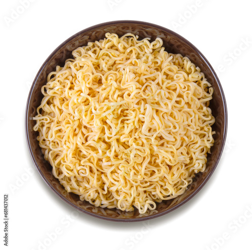  instant noodles with in black  bowl isolated on white background with clipping path. Asian and Chinese style fast food concept.