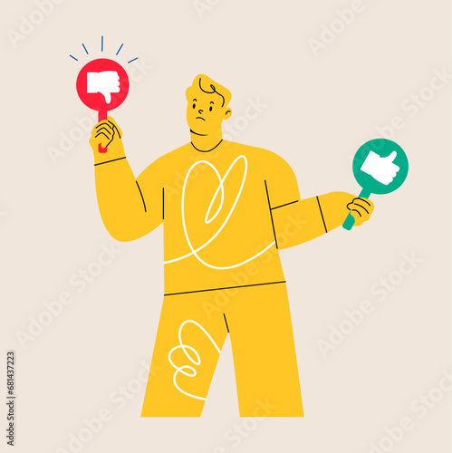 Man give review rating and feedback. Customer choice. Colorful vector illustration