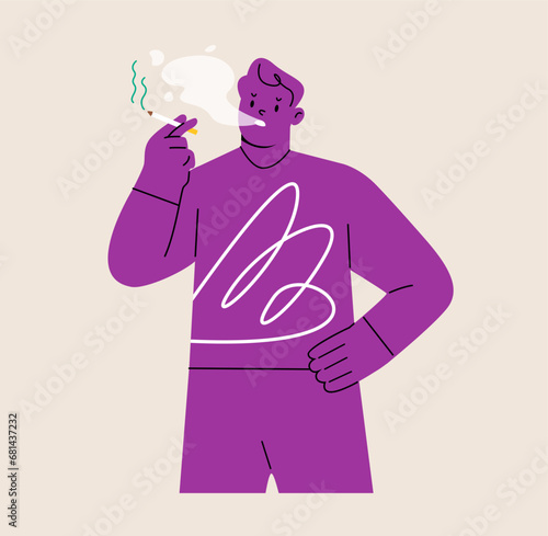 Man smokes cigarette. Addiction and harmful lifestyle concept. Colorful vector illustration