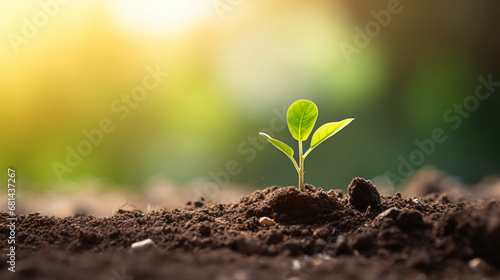 Young plant in fertile soil on blurred background