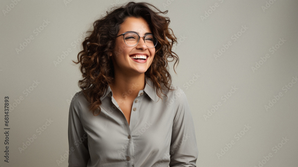 Obraz premium Portrait of a smiling young business woman in eyeglasses on grey background.