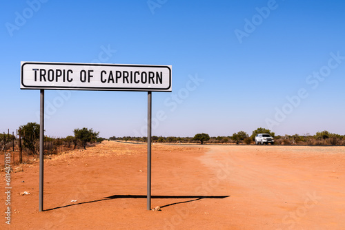 Road sign at the tropic of capricorn  on the road from Windhoek to Rehoboth, Namibia. photo