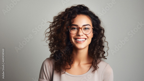 Portrait of a beautiful young woman with curly hairstyle and glasses.