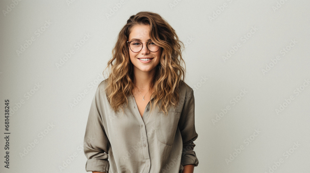 Portrait of smiling businesswoman in eyeglasses looking at camera isolated on grey. Portrait of smiling businesswoman in eyeglasses looking at camera isolated on grey.