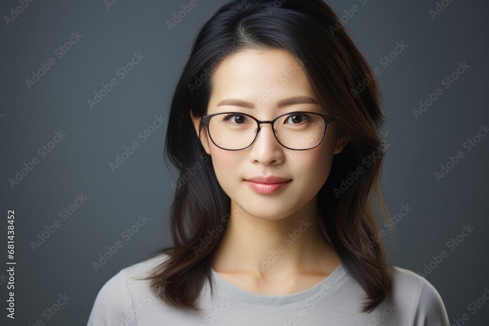 Fototapeta premium Portrait of young asian woman with eyeglasses on grey background.