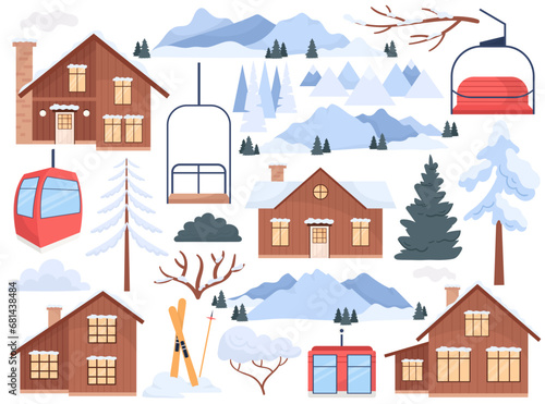 Winter ski resort elements for extreme sport hobby activity, games and living vector illustration