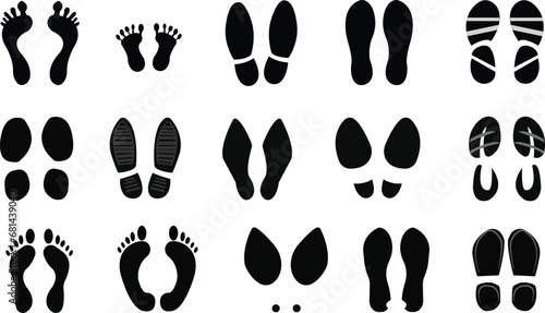 Footprints human silhouette, vector set. Shoe soles print. Foot print tread, boots, sneakers. Impression icon barefoot. Different human footprints icon. Vector,