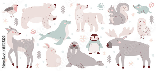 Cute arctic winter water and forest animals character isolated graphic set vector illustration