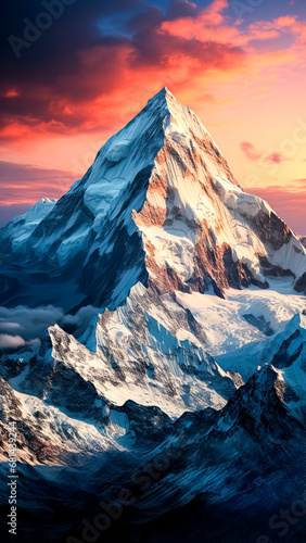 A snow-capped Mountain landscape at sunset.