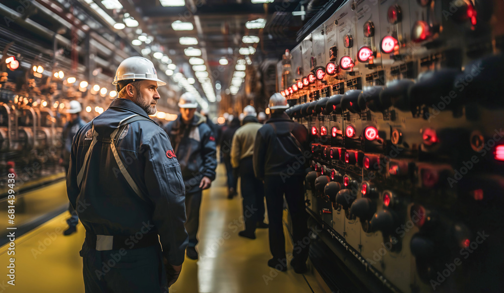 A group of men in hardhats work on electrical equipment. A group of men in hardhats work on electrical equipment.