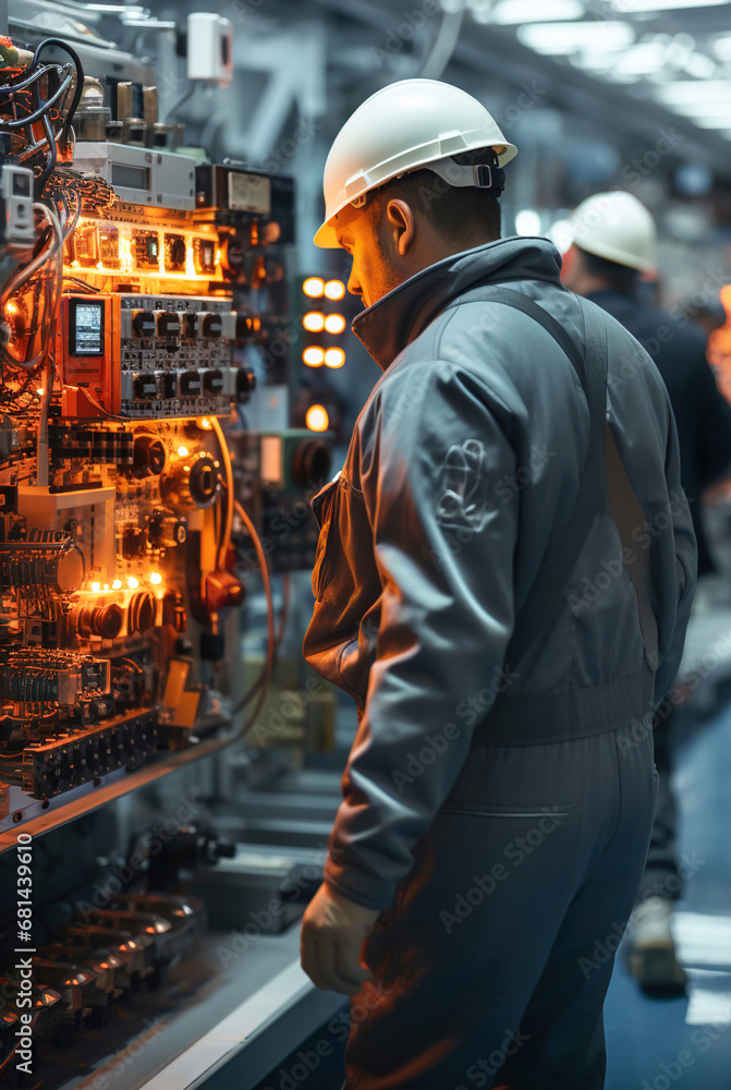 Workers electrician specialists work in a power plant. Electrical control and management panels.