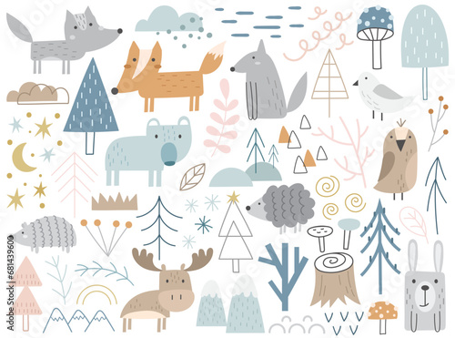 Cute winter forest animals in simple hand drawn pastel color Scandinavian style vector illustration