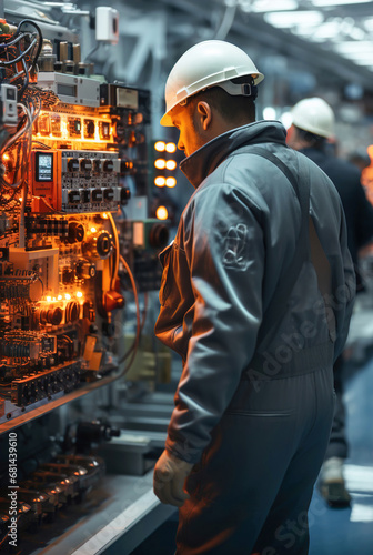 Workers electrician specialists work in a power plant. Electrical control and management panels. © Degimages
