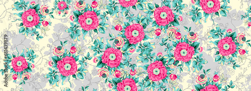 Fantasy floral seamless pattern in jacobean embroidery imitation, vintage, old, retro style. Vector illustration in soft orange and green colors. 