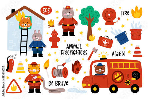 Cute animal firefighters isolated set and funny inscription and rescue equipment vector illustration