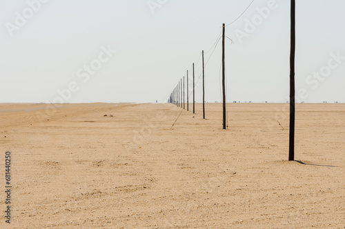 Fotografia Telegraph poles beside a road stretch out as far as you can see, showing the curvature of the earth