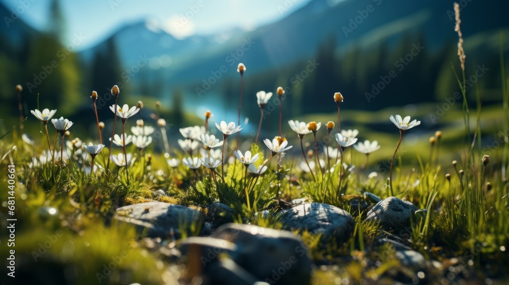 A sunlit closeup of an alpine meadow with grass - obrazy, fototapety, plakaty 