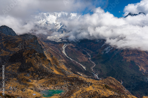 Beautiful Green Blue Himalayan Glacier  Lake in Sele La Pass of Kanchenjunga National Park in Nepal photo