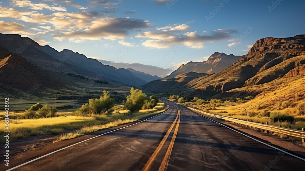 An empty adventurous road in a desert landscape