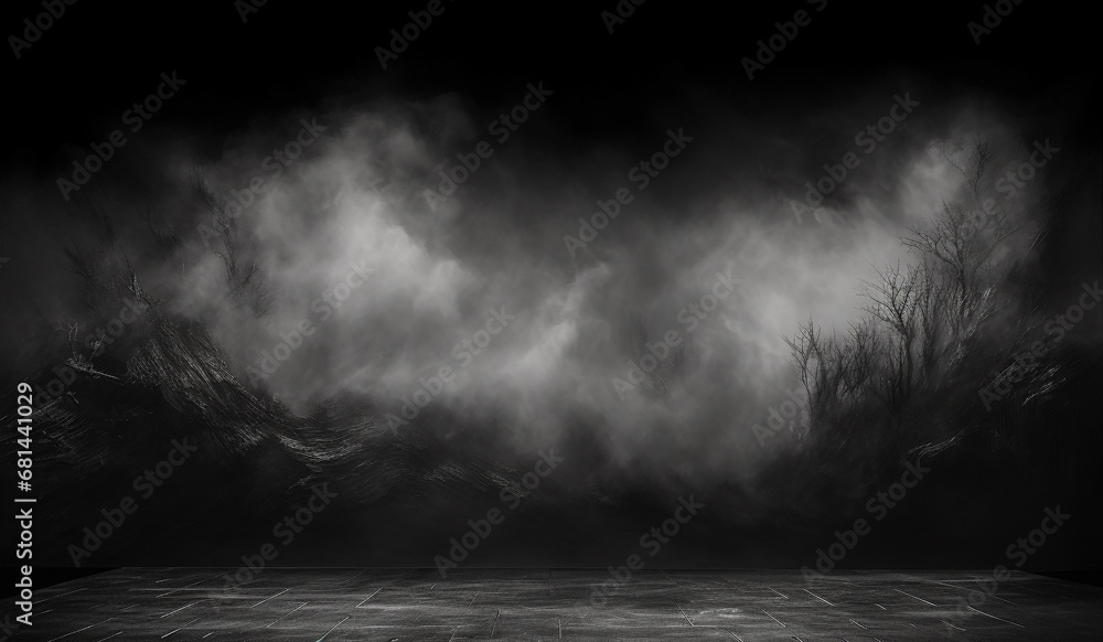 dark empty black wall and the forest in the mist - obrazy, fototapety, plakaty 