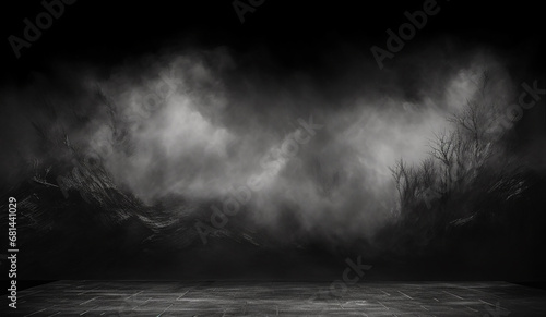 dark empty black wall and the forest in the mist photo
