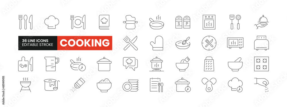 Set of 36 Cooking line icons set. Cooking outline icons with editable stroke collection. Includes Cutlery, Chef, Barbeque, Toaster, Cooking Board, and More.