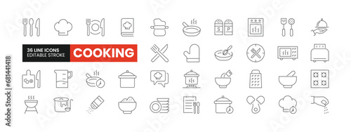 Set of 36 Cooking line icons set. Cooking outline icons with editable stroke collection. Includes Cutlery, Chef, Barbeque, Toaster, Cooking Board, and More.