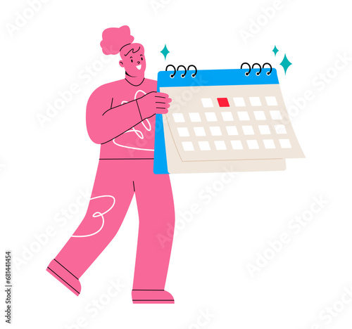 Set a day for vacation. Woman holding a calendar. Colorful vector illustration
