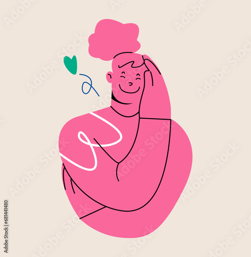 Woman hugging himself. Self-Hugging. Caring for yourself, loving yourself, supporting yourself. Colorful vector illustration