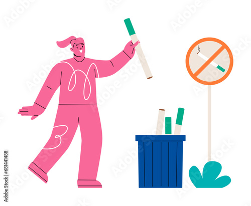 Woman throw away of cigarettes in trash. Stop smoking and healthy lifestyle concept. Colorful vector illustration
