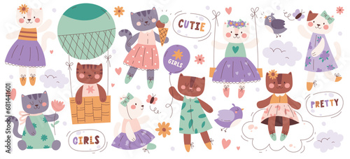 Cute kitty cats girls characters wearing pretty dress holding balloons, flying on cloud, playing