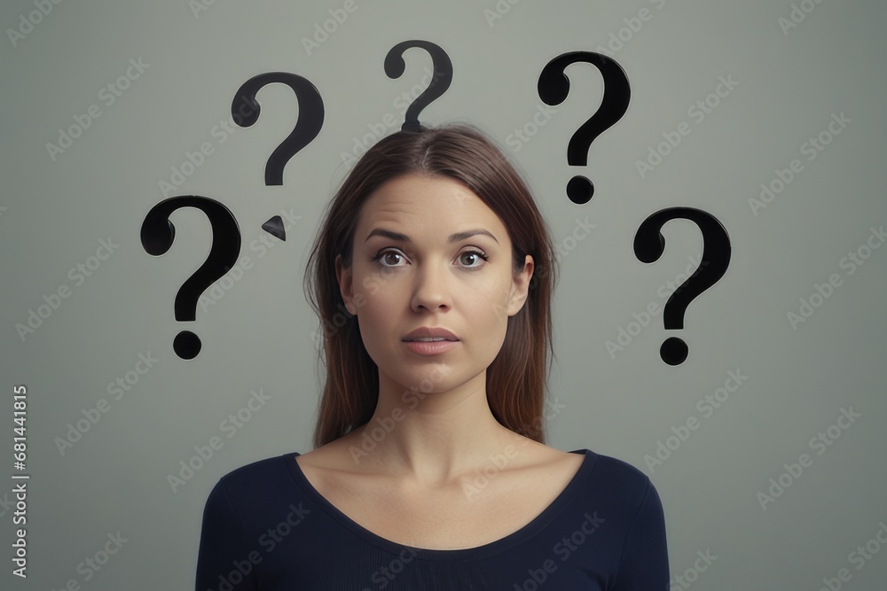 portrait of a confused woman and question mark portrait of a confused woman and question mark