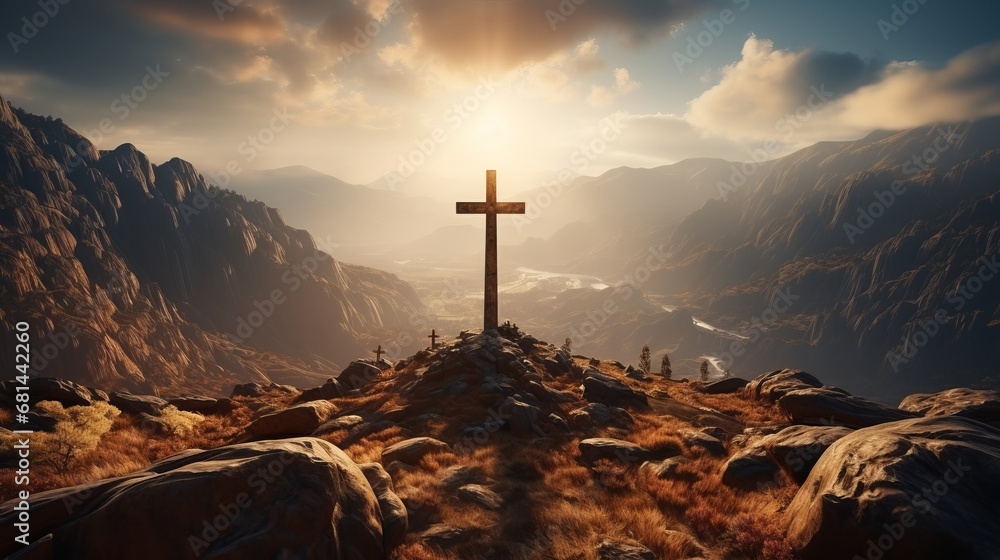 A Christian cross on top of a mountain with a shinin - obrazy, fototapety, plakaty 