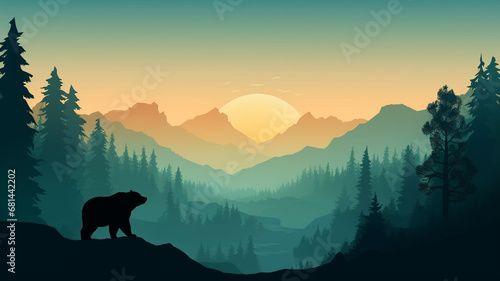 Silhouette of bear climb up hill. Tree in front, muntains and forest in background
