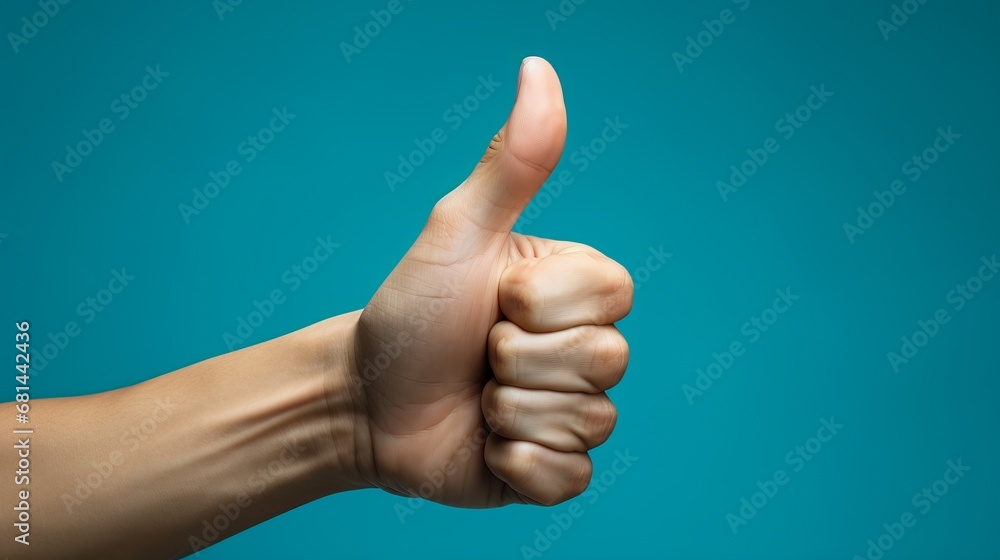 A person making a thumbs-up gesture against a blue A person making a thumbs-up gesture against a blue