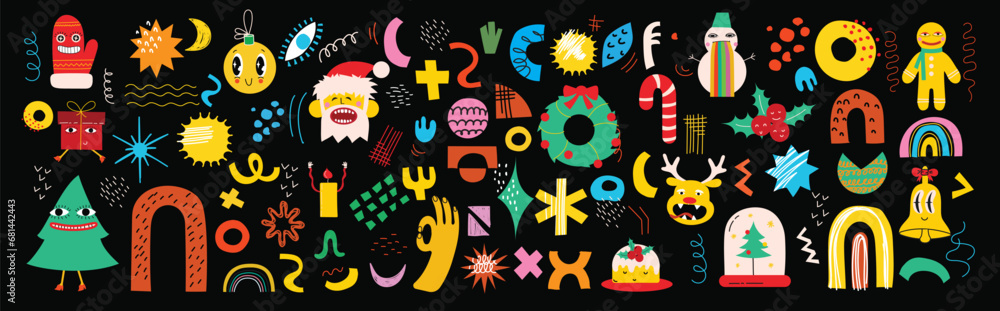 Fototapeta premium Groovy hippie Christmas geometric shapes and illustrations set in trendy retro cartoon style. Merry Christmas and Happy New year.