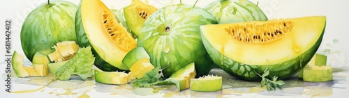Melon painted in watercolors, a symphony of sun-kissed yellows and soothing greens. Each brushstroke captures the refreshing sweetness of this juicy delight.