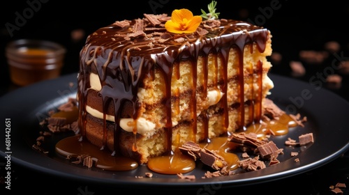 A slice of delicious layered honey cake with chocola