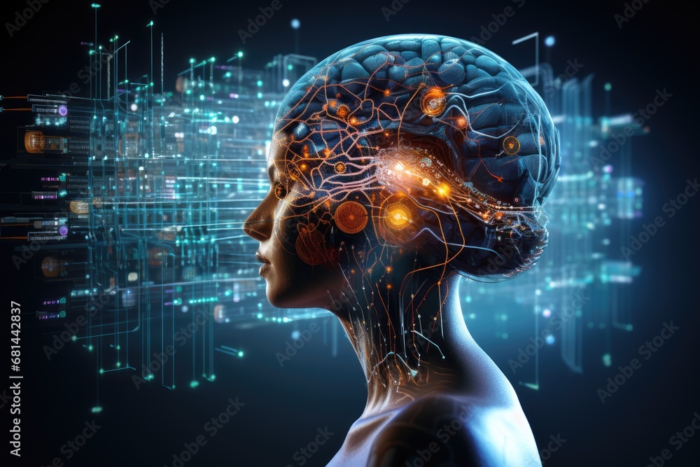Obraz premium analysis, brain interface, artificial intelligence, automation, big data, brain, business, cloud computing by Generative AI.