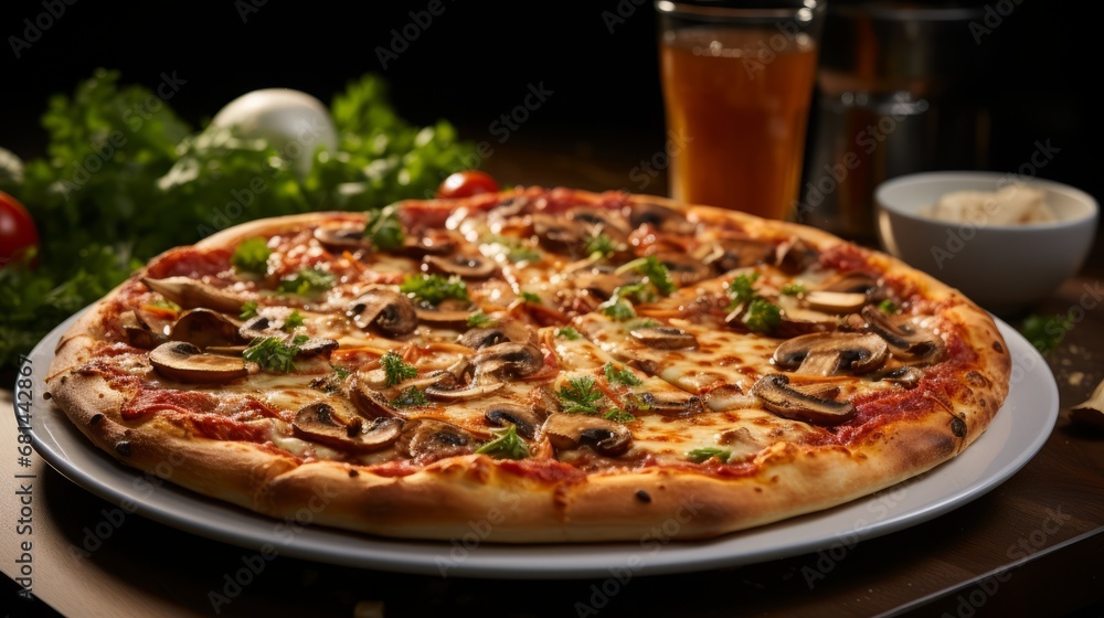 A pizza adorned with vegetables such as mushrooms A pizza adorned with vegetables such as mushrooms