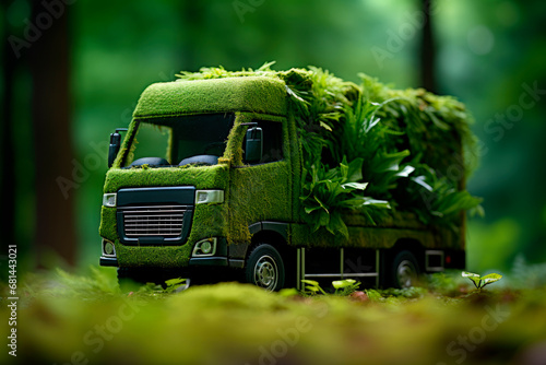 Truck made out of grass and moss, ecofriendly transport concept.