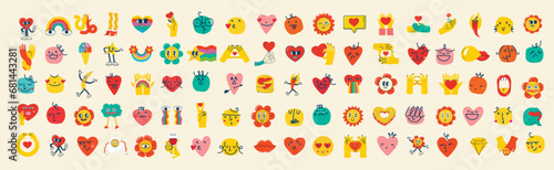 Groovy hippie love sticker set. Heart funny cartoon character different pose. Happy valentine's day concept. Trendy retro 60s 70s style emoji. Y2K aesthetic. Vector illustration.