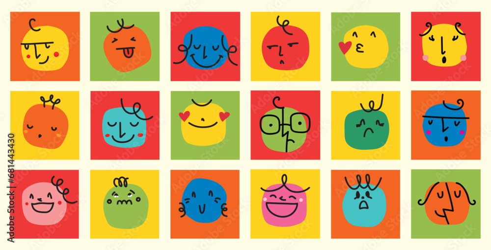 Obraz premium Abstract comic Faces with various Emotions. Crayon drawing style. Different colorful characters in cartoon style and Flat design. Hand drawn Emoji Vector illustration.