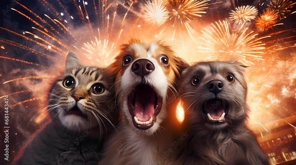 Animals Pets scared of fireworks - Panic and stress on New Year - obrazy, fototapety, plakaty 