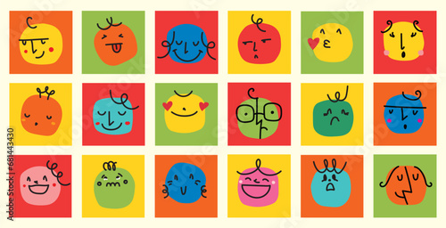 Abstract comic Faces with various Emotions. Crayon drawing style. Different colorful characters in cartoon style and Flat design. Hand drawn Emoji Vector illustration.