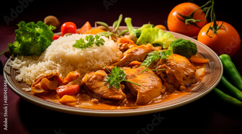 Japanese cruise, chicken curry rice, delicious dish made with chicken fillet, vegetables and rice, delicious and tempting, light color background, soft light. healthy food, healthy body